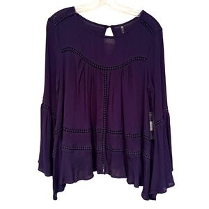 Cirana Bell Sleeve Lace Trimmed Boho Blouse Women's Medium Navy Hippie Peasant